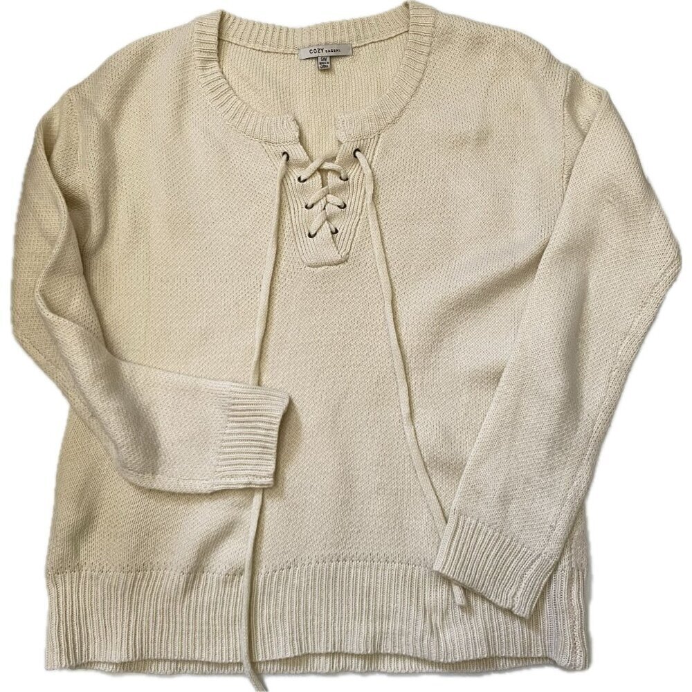 Cozy Casual Cream Lace Up Tie Front Sweater Size S/M  B22
